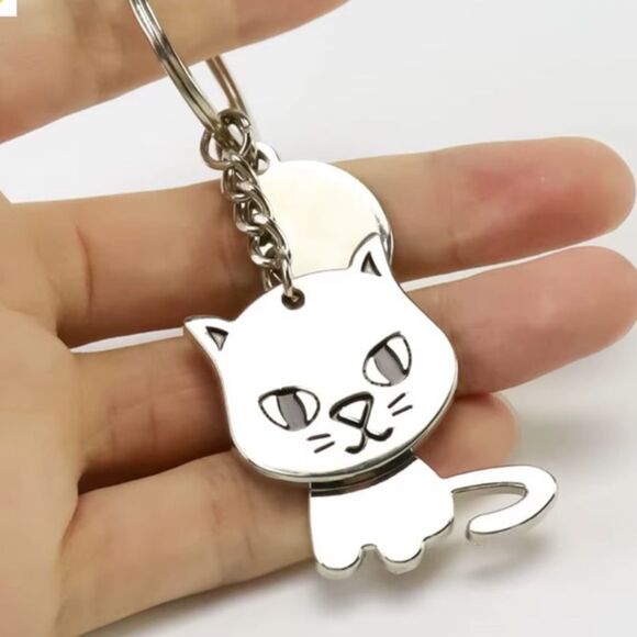 Silver Cat Charm Keychain • Swinging Body • Kawaii Bag Accessory - New - Picture 2 of 10